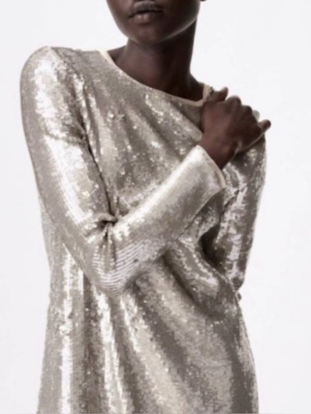 Zara Silver Sequin Long-Sleeve Midi Dress